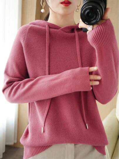 Suéteres para Mujer de Manga Larga con Capucha, Suéter de Punto Acanalado Cuello Redondo