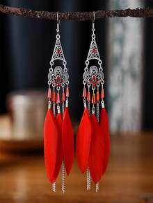 1對復古長羽毛裝飾女式耳環 - 薄荷藍 - 查看 9