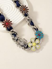 1pc Vintage Titanium Steel Necklace With Ribbon And Flower Decor Design For Women, Suitable For Daily Wear Valentines