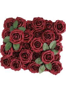 10 支泡沫假玫瑰（含 4 片免费叶子）婚礼花束餐桌装饰母亲节情人节礼物派对装饰 - Wine Red - 查看 1