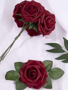 10 支泡沫假玫瑰（含 4 片免费叶子）婚礼花束餐桌装饰母亲节情人节礼物派对装饰 - Wine Red - 查看 8