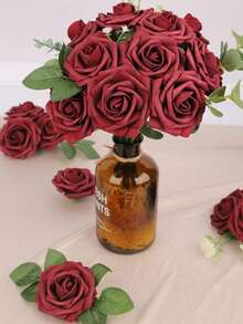 10 支泡沫假玫瑰（含 4 片免费叶子）婚礼花束餐桌装饰母亲节情人节礼物派对装饰 - Wine Red - 查看 6