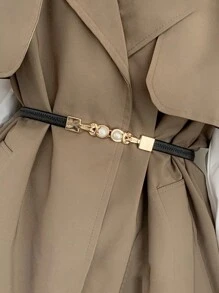 Elegant 1pc Women's Stretchy Skinny Waist Belt With Faux Pearls & Alloy Buckle, Simple & Versatile Decorative Accessory For Sweater, Dress, Loose Fitting Garments Summer, School Fall, Autumn, Halloween