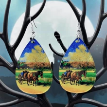 1對雙層范·高的馬車和藍天下的麥田印象主義印花耳環,優雅風格女士精美耳環禮物 - 彩色的 - 查看 3