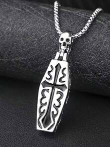 Cross Coffin Design Vampire Skull Pendant Necklace, Gothic Punk Style, Vintage Halloween Party Jewelry, Couples Birthday Accessories - Silver - View 4