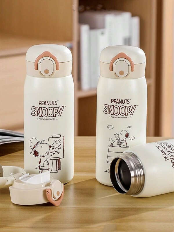 SNOOPY 1pc Cartoon Designed Stainless Steel Insulated Flask With Flip Lid And Tea Infuser For Outdoor Or Car Use, High-End Look