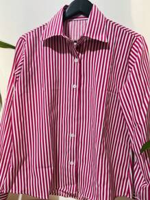 Camisa feminina social listrada manga longa - Pink - Visão 4
