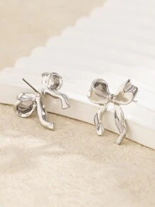 1 Pair Elegant Fashionable Gold & Silver Bow Earrings, Women's Metal Ribbon Earrings Gift - Silver - View 4