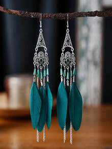 1對復古長羽毛裝飾女式耳環 - 薄荷藍 - 查看 4