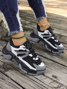 1雙女性舒適休閒運動鞋,棕色pu材質低幫滑板鞋,前系帶適用於戶外活動、學生、萬聖節、聖誕節 - 黑色 - 查看 3