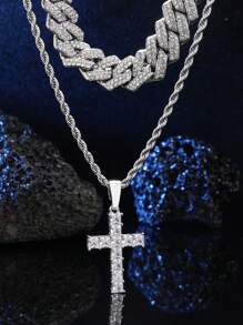 Bộ 2 dây chuyền mặt thánh giá mùa đông phong cách Hip Hop dành cho nam 18mm Miami Chain Link thép không gỉ Bộ trang sức quà tặng - 001+036+015 - Xem 4