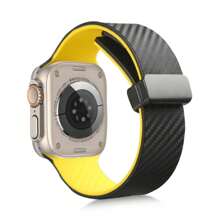 Carbon Fiber Strap Compatible With Apple Watch Ultra2 Band 49mm 44mm 45mm 41mm 40mm Magnetic Silicone Bracelet For Series 9 8 7 6 SE 5 4 - Yellow - View 8