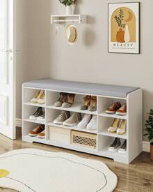 HaluPeit Shoe Bench, Shoe Storage With Seat Cushion And 9 Compartments, Adjustable 3-Tier Shoe Rack, For Entrance Area, Hallway, Living Room, Bedroom, 30 X 103 X 52.7 Cm, - 白色 - 查看 2