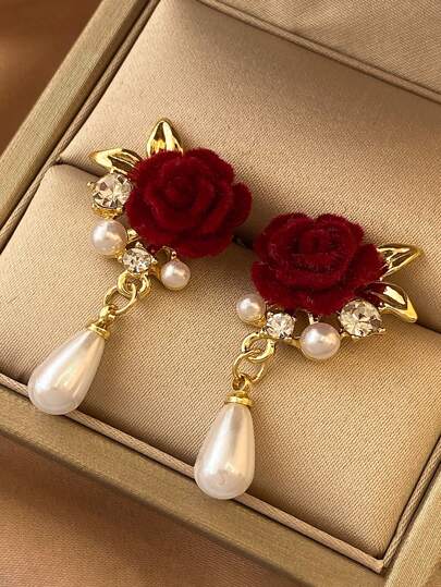 2pcs Vintage Rose Flower Stud Earrings With Luxurious Faux Pearl, And Elegant Design, Golden, Perfect For Women For Christmas, Chinese New Year, Spring Festival, Weddings And Valentine Gift,Mom,Mother,Mother's Day,Gift