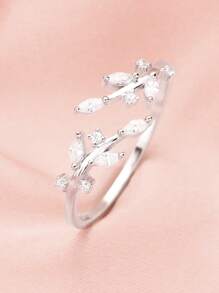 1入組魅力四射方晶鋯石樹葉裝飾銀開口戒指適合女士日常裝飾 - 銀色 - 查看 1