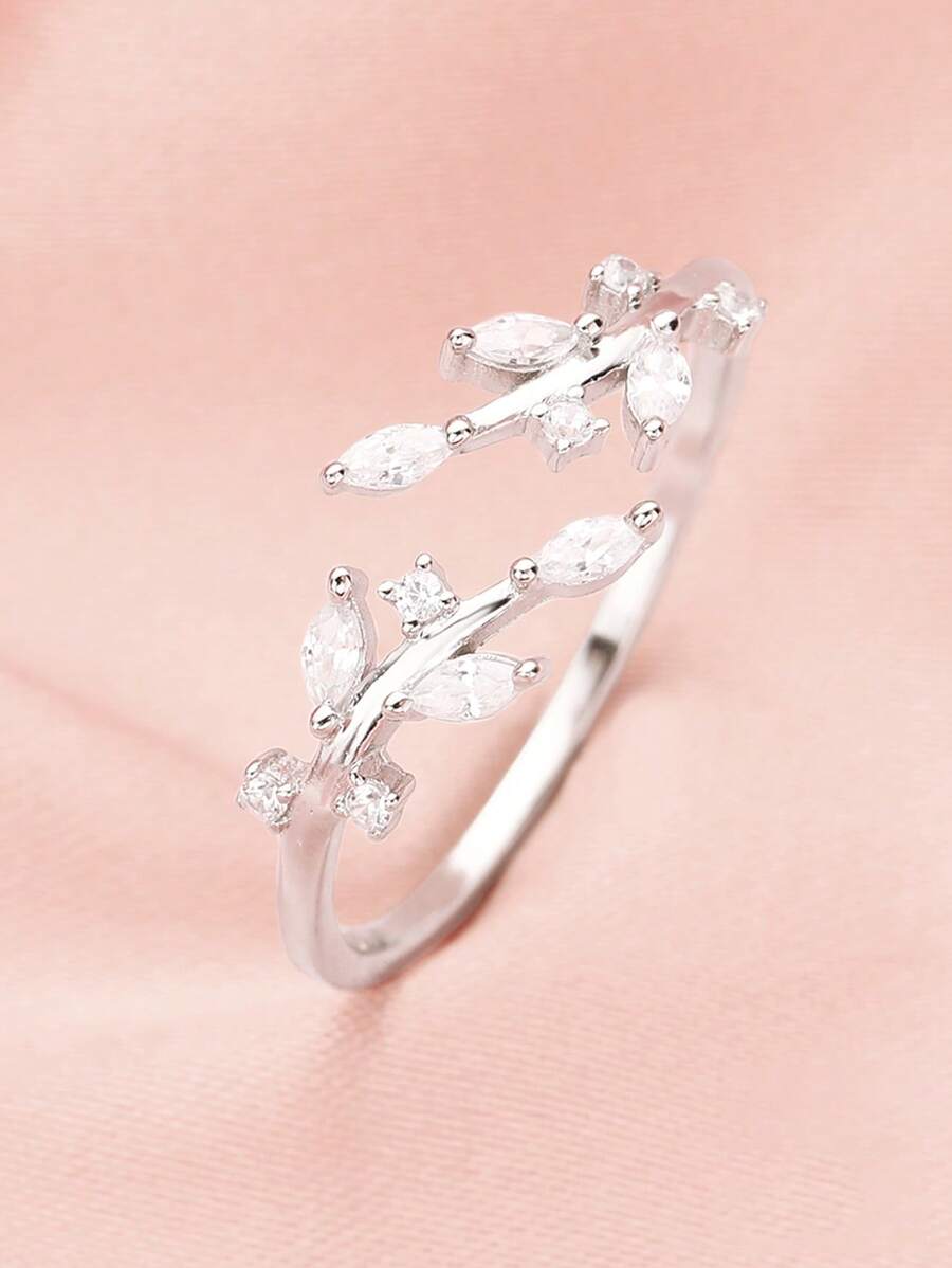 1入組魅力四射方晶鋯石樹葉裝飾銀開口戒指適合女士日常裝飾 - 銀色 - 查看 1