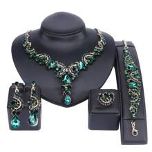 精美女士水晶水鑽首飾套裝,包括耳環、項鍊、手鍊和戒指,非常適合婚禮、派對或舞會 - 綠色 - 查看 1