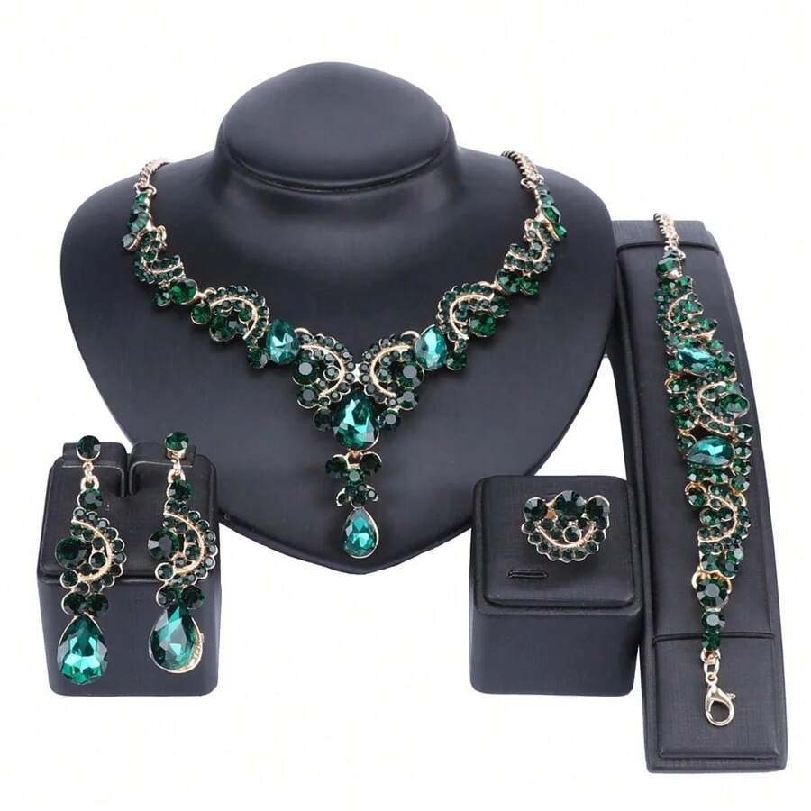 精美女士水晶水鑽首飾套裝,包括耳環、項鍊、手鍊和戒指,非常適合婚禮、派對或舞會 - 綠色 - 查看 1