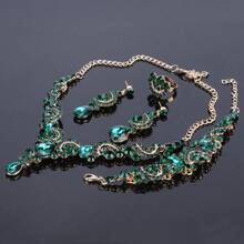 精美女士水晶水鑽首飾套裝,包括耳環、項鍊、手鍊和戒指,非常適合婚禮、派對或舞會 - 綠色 - 查看 2