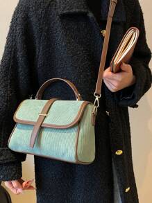 燈芯絨翻蓋高品質皮革女款手提包 可調節斜跨包 - 綠色 - 查看 3