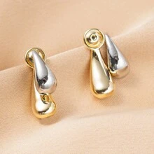 1對細緻的水滴設計耳針,銀色針和雙色電鍍,適合女性日常佩戴 - 精緻金屬水滴 - 查看 1