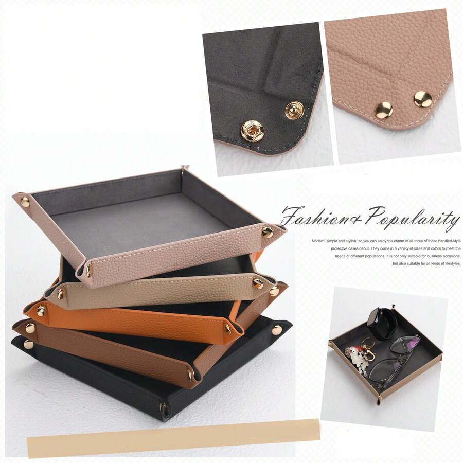 Pu Leather Tray For Storage, Foldable Storage Tray, Square Dice Tray, Dice Storage Box, Desktop Storage Tray, Jewelry Cosmetic Key Storage Box - Apricot Pink - View 1