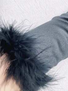 2 Pairs Plush Style + Ordinary Style Vintage Satin Black Lace And Feather Long Bridal Gloves With Elastic Spandex - Black - View 5