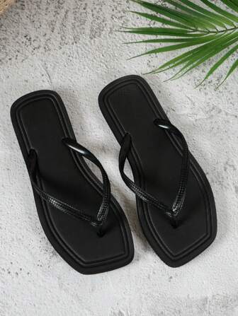 Women's Summer Casual Square Toe Slip-On Flip Flops For Indoor, Outdoor, Beach, Pool, Dormitory