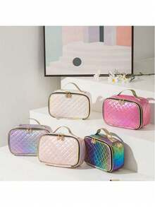 1個便攜時尚pu皮革菱形化妝包,旅行化妝收納袋,全息激光化妝品包 - 藍色 - 查看 3