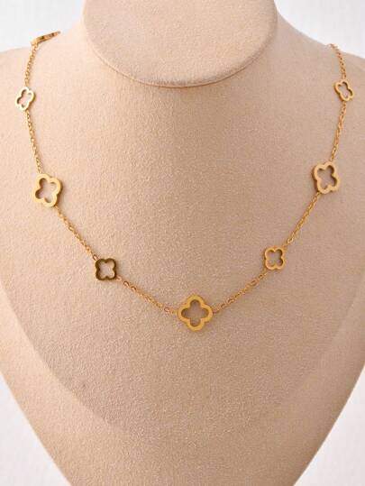 A Fashionable Titanium Steel 18k Gold Nine Hollow Lucky Four-Leaf Clover Necklace Suitable For Daily Wear By Women Valentines,Mom,Mother,Mother's Day,Gift