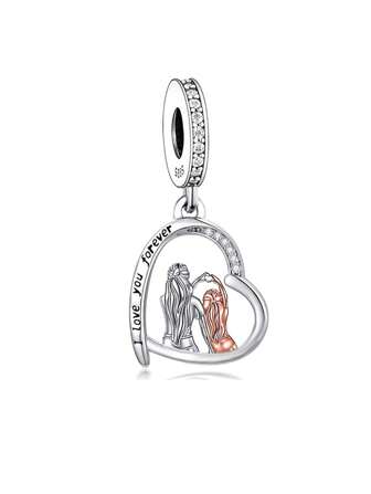 1pc Exquisite 925 Sterling Silver Heart Shaped Mother-Daughter Double Colors Rose Gold Pendant Bead For DIY Mother's Gift Valentines