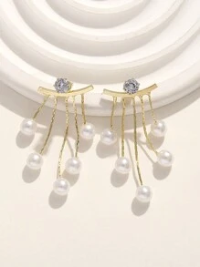 1對假珍珠裝飾耳環,高端時尚流蘇耳環 - 金色 - 查看 4