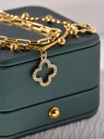 1 pièce Bracelet breloque à pendentif en trèfle ajouré en acier inoxydable à double couche, mode et pour femme. Cadeau de fête, Saint-Valentin, mère, Fête des Mères