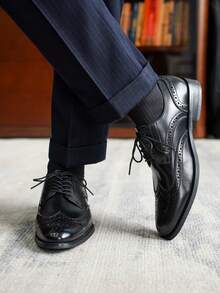 男士真皮商務鞋,休閒布洛克雕花鞋,英倫風格圓頭德比鞋 - 黑色 - 查看 5