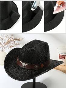 1 件女式牛头装饰纯色波西米亚亮片牛仔帽软毡帽爵士巴拿马南瓜帽牛仔帽软呢帽西部牛仔风格帽子适合户外 - 黑色 - 查看 5