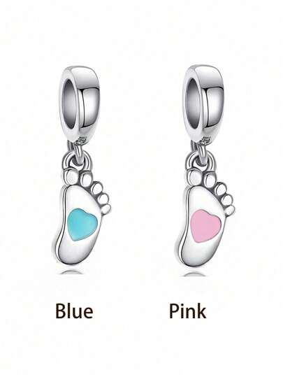 Colgante De Cuentas Diy De Plata 925 Con Forma De Huella Azul Y Rosa De Estilo Simple Para Recuerdo De Nacimiento De Bebé, Regalo De Cumpleaños Unisex, 1 Ud.