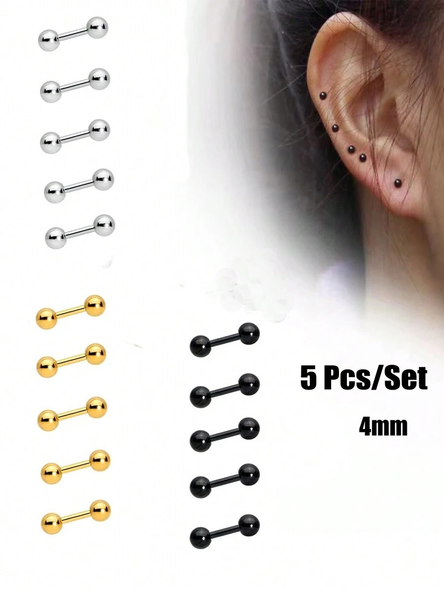 5 Stücke/set Unisex-edelstahl-hanteln, Doppelte Kugel- Und Doppelkopf-ohrringe Und Runde Perlenohrringe, Piercing-schmuck