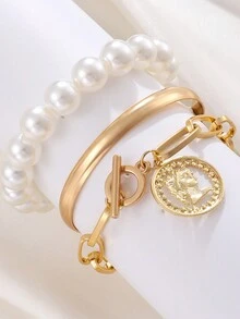 3入組簡約時尚的愛心無限cz鑲嵌手鍊,適合女性日常佩戴 - 金黃色 - 查看 5