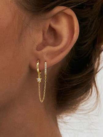 Newsoul 1pc Shiny Double Hoop Chain Pentagram Cubic Zirconia Teardrop Earrings, Women's Jewelry Party Gift, 925 Sterling Silver Unique Charming Fine Jewelry Holiday