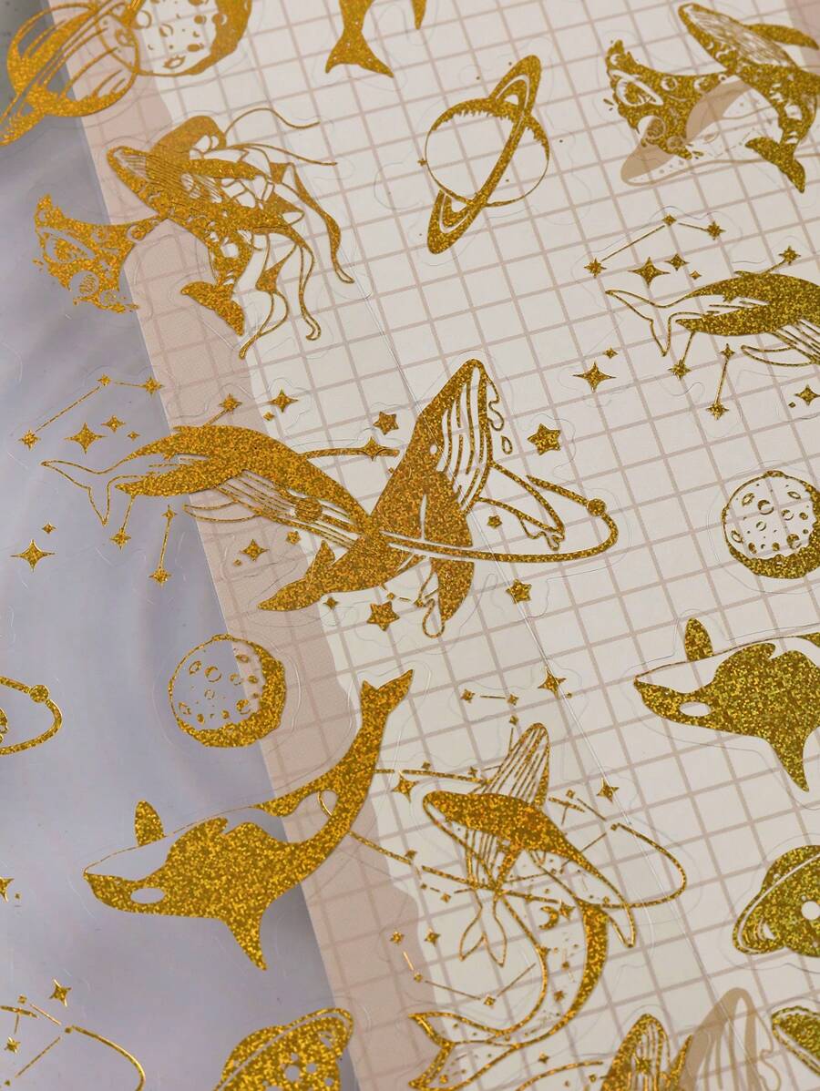 1張創意金色夢幻鯨魚,星空,宇宙主題貼紙,適用於日記,剪貼簿,手帳,拼貼,藝術材料 - 彩色 - 查看 1