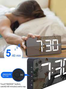 1 pieza Reloj despertador con espejo y pantalla de temperatura, luz LED, 2 puertos USB, decoración del hogar, decoración de dormitorio, regalo de cumpleaños/graduación - Blanco - Ver 4