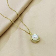 1入流行且精緻的美人魚公主珍珠＆立體鋯石裝飾項鏈,配有亮晶晶的珍珠和3d設計,適合女性日常佩戴 - 金黃色 - 查看 3