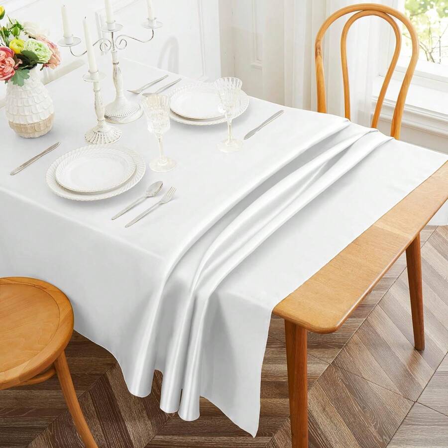1 pieza Mantel rectangular de satén de 55*120 pulgadas, decoración de mesa de tela suave y brillante adecuada para bodas, novias, fiestas de cumpleaños y de graduación - Blanco - Ver 1