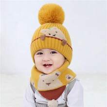 嬰兒帽子圍巾套裝,可愛保暖耳保護帽與圍巾組合套裝,冬季適用於男女嬰兒 - 黃色 - 查看 4