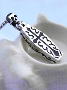 Cross Coffin Design Vampire Skull Pendant Necklace, Gothic Punk Style, Vintage Halloween Party Jewelry, Couples Birthday Accessories - Silver - View 3