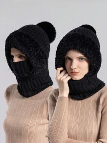 毛绒边缘拉法帽、羊绒帽、围巾、连体兜帽、带毛球的兜帽、冬季防寒保暖内衬、针织帽、运动衫、兜帽、兜帽、兜帽、兜帽 - 黑色 - 查看 1