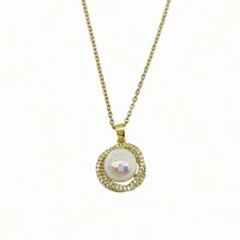 1入流行且精緻的美人魚公主珍珠＆立體鋯石裝飾項鏈,配有亮晶晶的珍珠和3d設計,適合女性日常佩戴 - 金黃色 - 查看 5