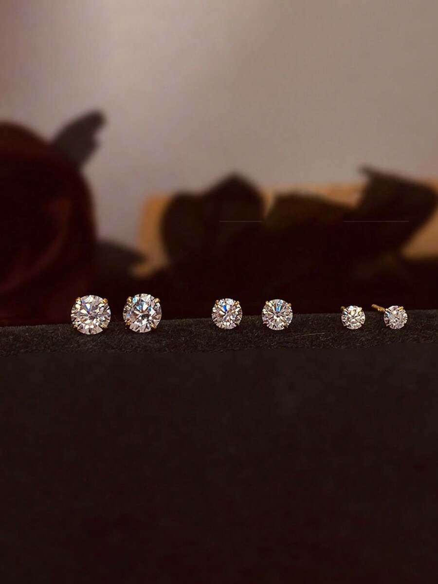 1對時尚簡約s925純銀單鑽四爪小耳環,適合女性日常佩戴 - 金色 - 查看 1