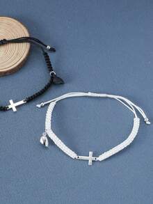 2入組時尚黑白手編手鍊套裝,適用於情侶禮物 - 彩色 - 查看 2