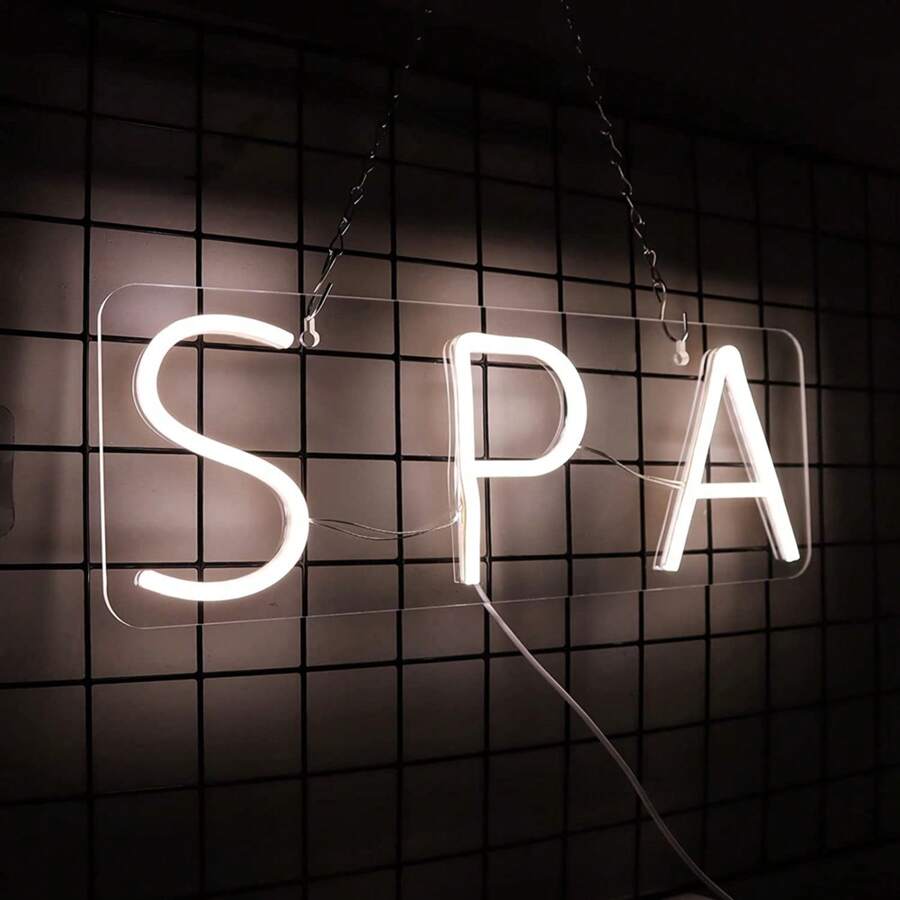 Spa霓虹燈招牌牆面裝飾,適用於美容院、spa、足浴、按摩、俱樂部、酒店、酒吧、聚會等場所,開業送禮佳品-5v Usb（42*16cm/16.5*6.6inch(英寸),白色）,10級調光開關,可重複使用且時尚裝飾用霓虹燈 - 白色 - 查看 1